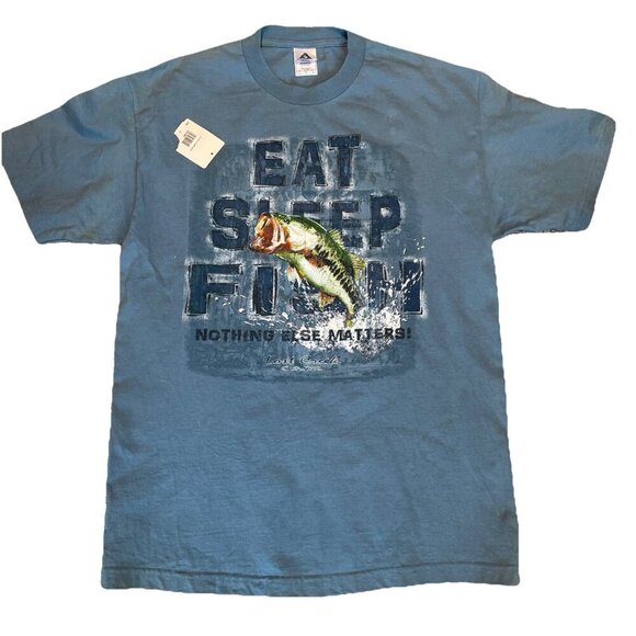 Vintage Y2K "Eat Sleep Fish" T Shirt Men's L Blue Graphic Fisherman Gorpcore - Picture 1 of 10